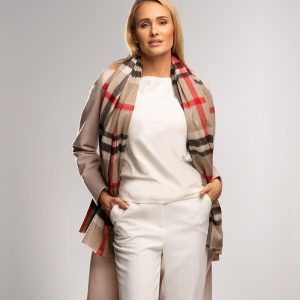 szal szalik kaszmirowy 100% naturalny kaszmir damski, beżowy krata, 70x180cm, miękki i ciepły na zimę.