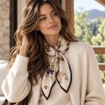 Beżowa apaszka jedwabna damska w kwiaty na modelce