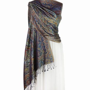 Elegancki szal jedwabny granatowy z wschodnim wzorem 70x200cm.
