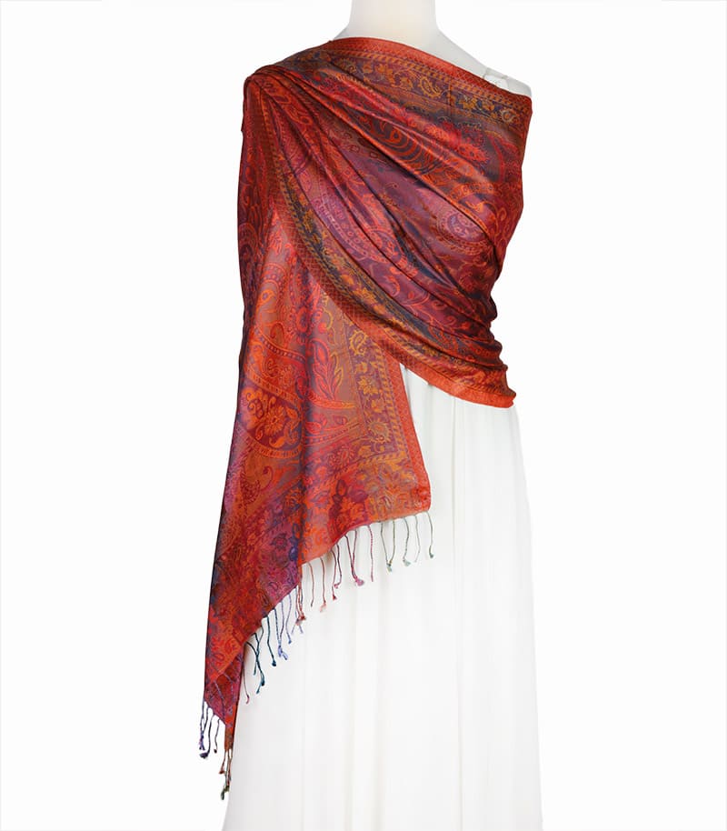 Elegancki szal jedwabny miedziany z wschodnim wzorem 70x200 do sukienki