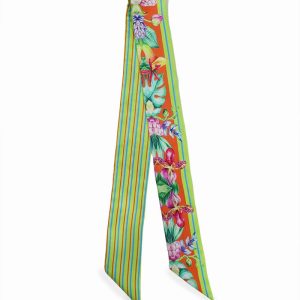 zielony szalik włoski jedwabny twilly 6x105 do stylizacji biznesowych i eleganckich z kwiatowym wzorem
