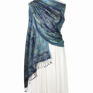 Szal jedwabny damski granatowy ze wschodnim wzornictwem paisley elegancki do sukienki lub płaszcza 70x200