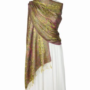 Elegancki złoty szal jedwabny wieczorowy z orientalnym wzorem 70x200