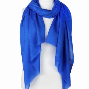 Szal wełniany merino kobaltowy z wzorem paisley jednokolorowy 70x200