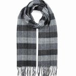 Elegancki szalik kaszmirowy męski w kratę premium szary z fredzlami do eleganckiego płaszcza 30x170