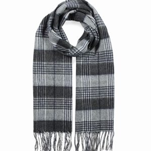 Elegancki szalik kaszmirowy męski w kratę premium szary z fredzlami do eleganckiego płaszcza 30x170