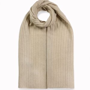 alt="Beżowy szalik kaszmirowy unisex 28x160 jednokolorowy zimowy ciepły w prążki"