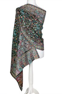 alt="Czarny szal wełniany damski 70x200 cm z eleganckim wzorem, dwustronny"