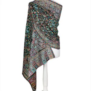 alt="Czarny szal wełniany damski 70x200 cm z eleganckim wzorem, dwustronny"