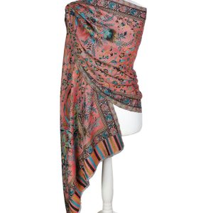 "Łososiowy szal wełniany damski 70x200 cm z eleganckim wzorem, idealny do jesienno-zimowych stylizacji"