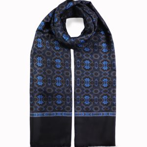 alt="szalik męski jedwabny z wełnianą podszewką włoski czarny z orientalnym wzorem 30x160"