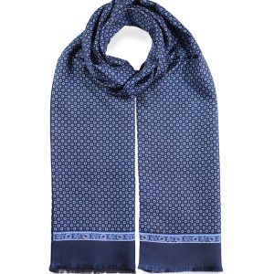 alt="szalik męski jedwabny z wełnianą podszewką włoski granatowy z eleganckim wzorem 30x160"