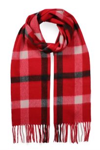 alt="Stylowy czerwony szalik kaszmirowy krata 30x170cm frędzle zimowy"