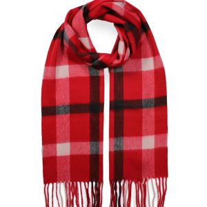 alt="Stylowy czerwony szalik kaszmirowy krata 30x170cm frędzle zimowy"