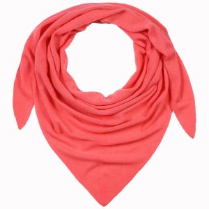 alt="Delikatna chusta kaszmirowa damska puszysta koralowa100% kaszmir, trójkątna 130x130x200, bez frędzli, do płaszcza "
