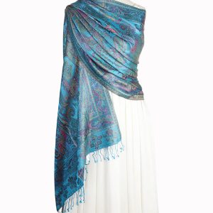 alt="Elegancki szal z jedwabiu naturalnego damski turkusowy 70x200 na ramiona wzór paisley"