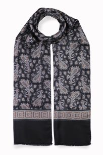 alt="Jedwabny męski szalik włoski czarny z eleganckim wzorem paisley 30x160cm"