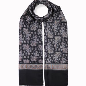 alt="Jedwabny męski szalik włoski czarny z eleganckim wzorem paisley 30x160cm"