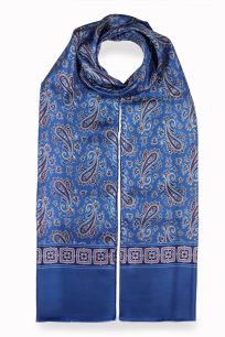 alt="Elegancki szalik jedwabny z wełnianą podszewką wzór paisley 30x160 granatowy"