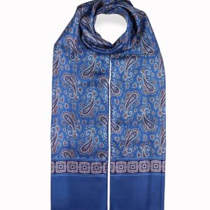 alt="Elegancki szalik jedwabny z wełnianą podszewką wzór paisley 30x160 granatowy"