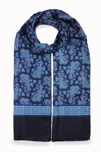 alt="Elegancki szalik włoski jedwabny męski 100% delikatny wzór paisley 30x160 niebieski"