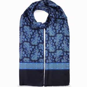 alt="Elegancki szalik włoski jedwabny męski 100% delikatny wzór paisley 30x160 niebieski"