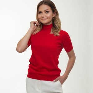 alt="Sweter kaszmirowy z krótkim rękawem beżowy-miękki i delikatny"