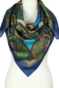 alt="Stylowa chusta jedwabna niebieska z eleganckim wschodnim wzorem 100x100"