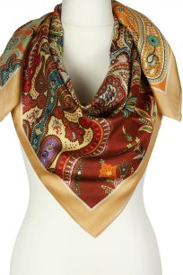 alt="Stylowa chusta jedwabna beżowa z eleganckim wschodnim wzorem 100x100"