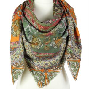"Ciepła chusta wełniana duża 140x140 zielona wzór orientalny do płaszcza"