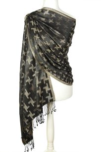 alt="Jedwabny szal czarny z wzorem nowoczesnym delikatny 70x200"