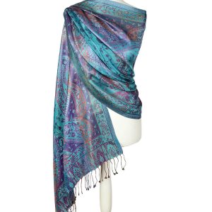 alt="Niebieski jedwabny szal z wzorem orientalnym 70x200"