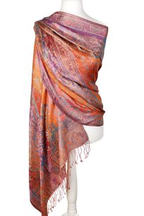 alt="Miedziany jedwabny szal z wzorem orientalnym elegancki 70x200"