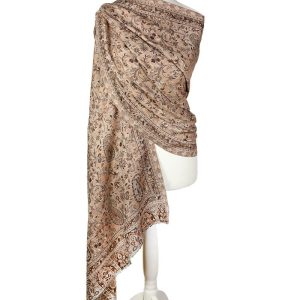 alt="Elegancki beżowy szal wełniany merino z orientalnym wzorem ciepły 70x200"