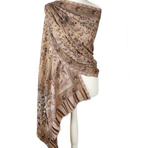 alt="Elegancki beżowy szal wełniany merino z orientalnym wzorem ciepły 70x200"