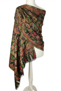 alt="Czarny szal wełniany merino z kwiatowym wzorem 70x200"