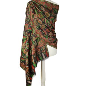 alt="Czarny szal wełniany merino z kwiatowym wzorem 70x200"