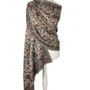 alt="Zimowy beżowy szal wełniany merino z orientalnym wzorem ciepły 70x200"