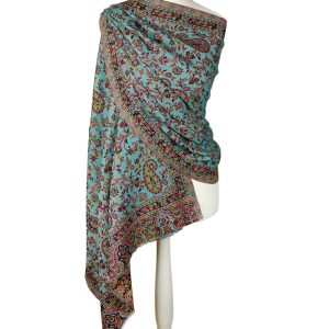 alt="Niebieski szal wełniany merino z wzorem wschodnim ciepły 70x200"