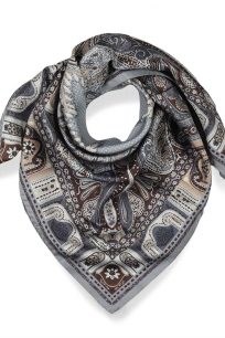 alt="Apaszka jedwabna szara 90x90 włoska Marina D'Este paisley wzór"