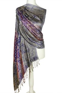 alt="Szal z jedwabiu wzorzysty paisley 70x200cm granatowy"