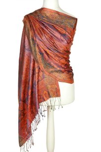 "Jedwabny szal z eleganckim wzorem wschodnim miedziany 70x200cm"