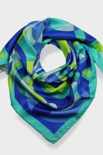 alt="luksusowa chusta jedwabna 90x90 turkusowa granatowa nowoczesny print jedwab naturalny"