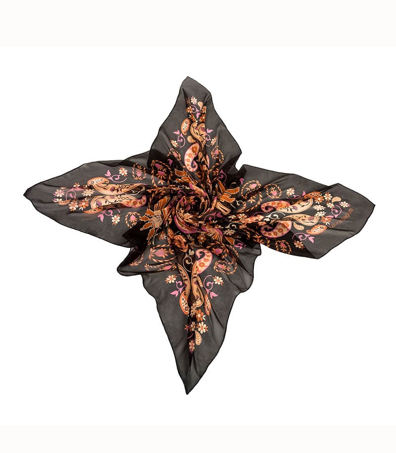 Brązowa chusta jedwabna 140x140 w orientalny wzór paisley