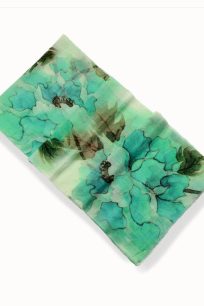Turkusowy szalik kaszmirowy damski 30x170 cm w kwiaty – 100% kaszmir