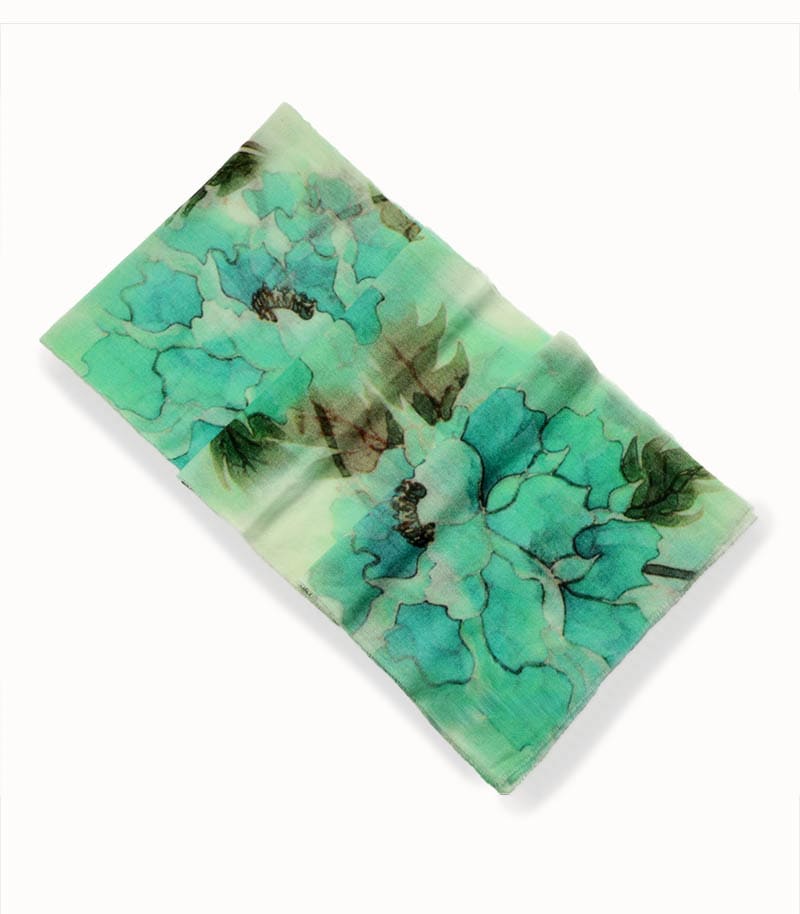 Turkusowy szalik kaszmirowy damski 30x170 cm w kwiaty – 100% kaszmir