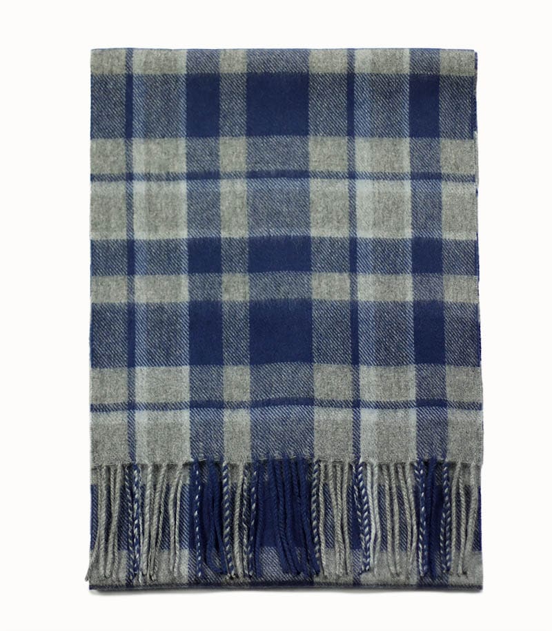 Męski szalik z kaszmiru granatowo-szary w kratę 30x150 cm – 100% kaszmir