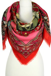 Czerwona chusta wełniana damska 140x140 cm w orientalne wzory
