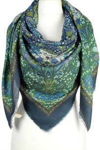 Zielona chusta wełniana damska 140x140 cm w roślinne wzory