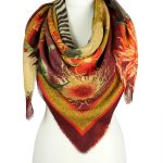 Bordowa chusta wełniana damska 140x140 cm w kwiaty egzotyczne